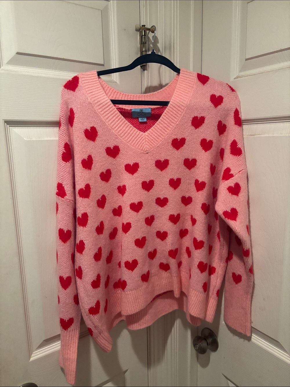 CeCe Pink V-Neck Sweater with Red Heart Pattern